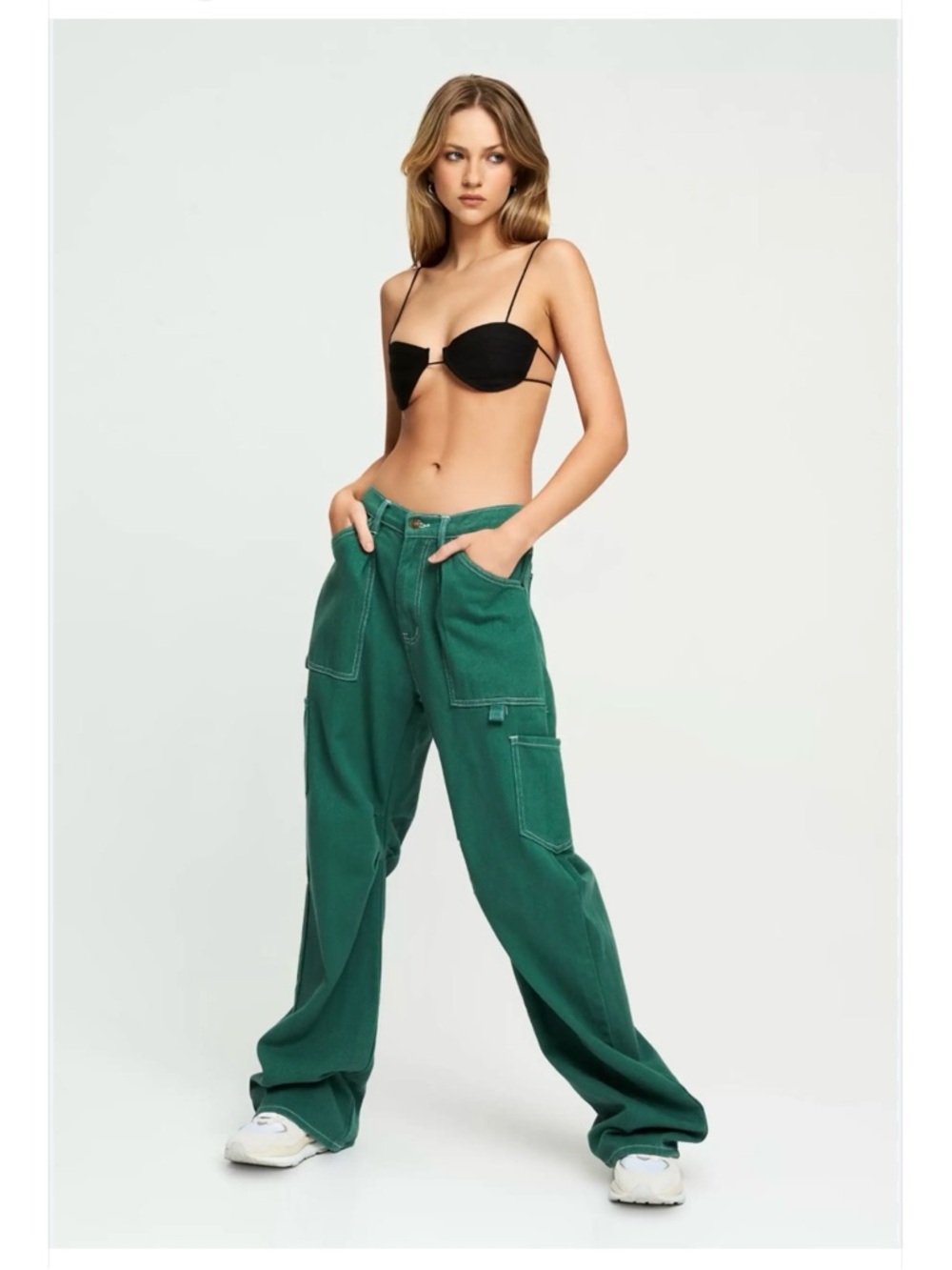 Lioness Miami Vice Sage-Green Cargo Jeans High-Rise Wide Leg Baggy Fit Pants - Picture 13 of 16